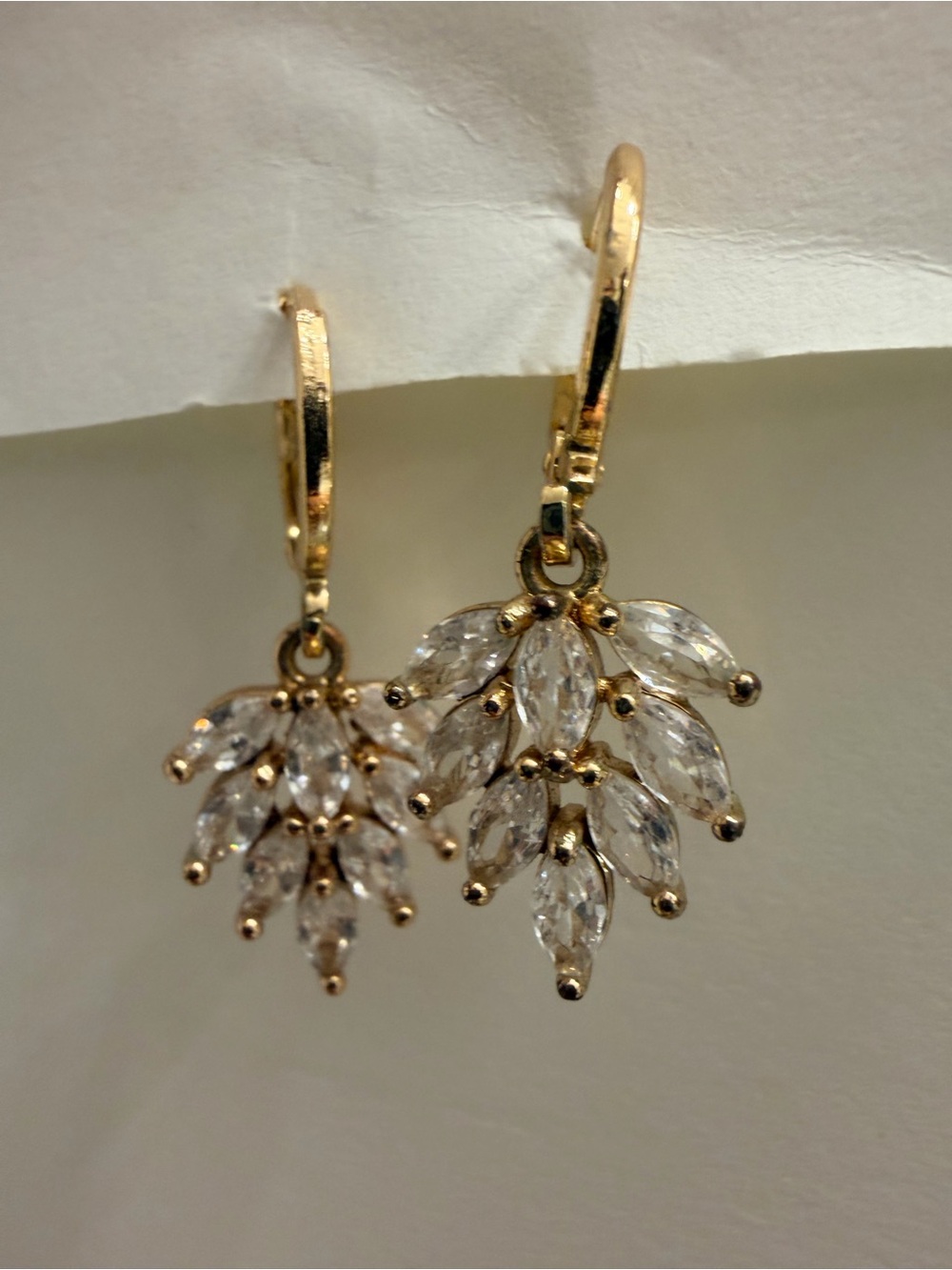 Gold Tone Crystal Leaf Drop Pendant Small Hoop Earrings